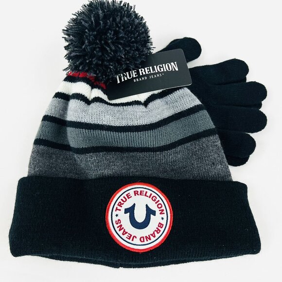 NWT True Religion Kids Hat & Gloves 2-Pieces Set Black Grey Logo Front One Size - Picture 1 of 8
